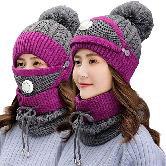 Winter Hat Accessories - 3 Piece New Womens Bundle Knitted Fleece Windproof Scarf Chin Mask and Hat
